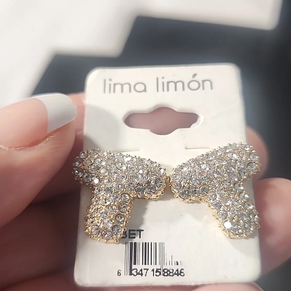 Lima Limón Gold Tone T Letter Rhinestones Earrings. New! - Picture 3 of 5